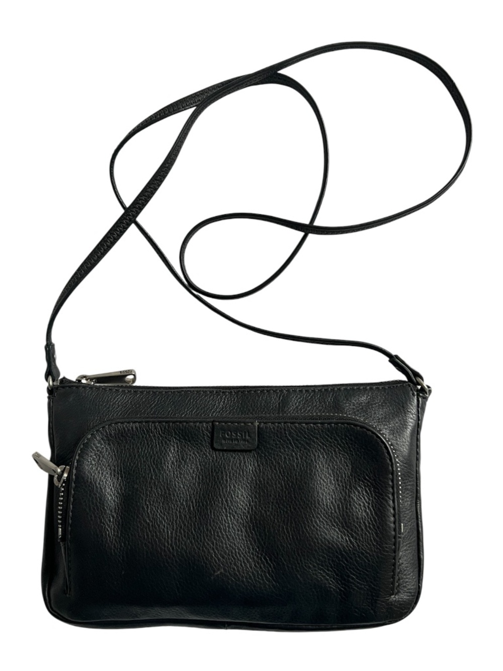 Vtg Fossil Black Bag Crossbody Pebbled Leather Front Zippered Pocket Top Zipper